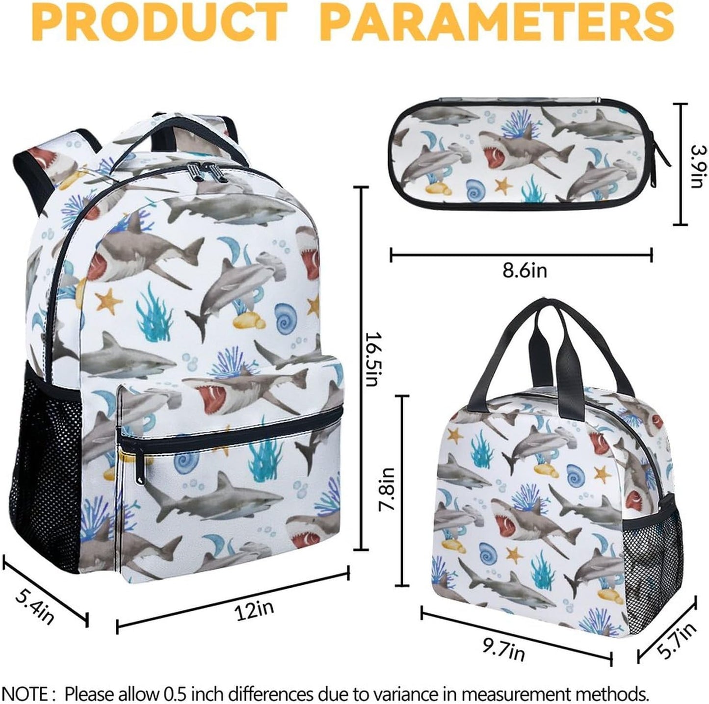 Shark Backpack with Lunch Box, Set of 3 School Backpacks Matching Combo, Cute White Bookbag and Pencil Case Bundle