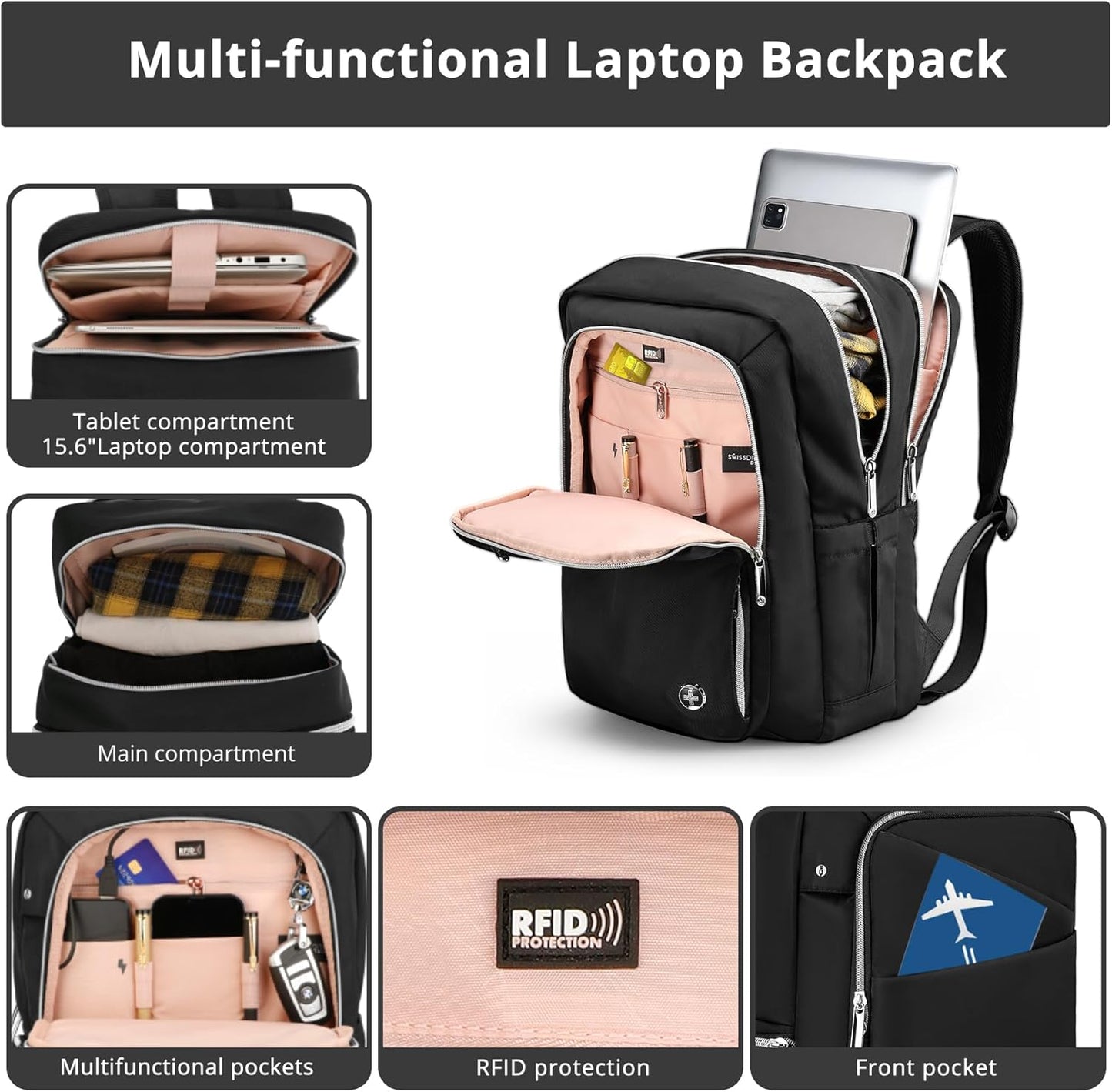 Swissdigital Design Laptop Backpack for Women，Travel Backpack with USB Charging Port，Fits 15.6 Inch School Computer Backpacks for Work Business,Platinum | KATY ROSE
