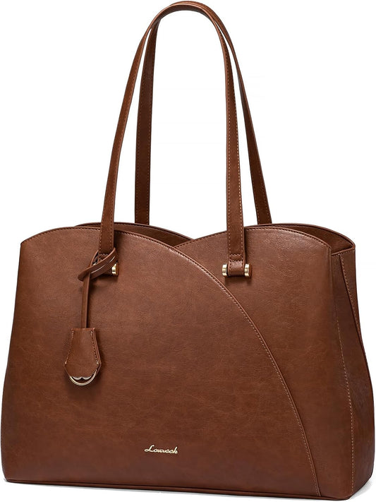 LOVEVOOK 17 Inch Laptop Tote Bag for Women, Work Bags Laptop Bag Teacher Tote Bag, Leather Computer Bag Large Purses Handbag Professional Briefcase, Brown