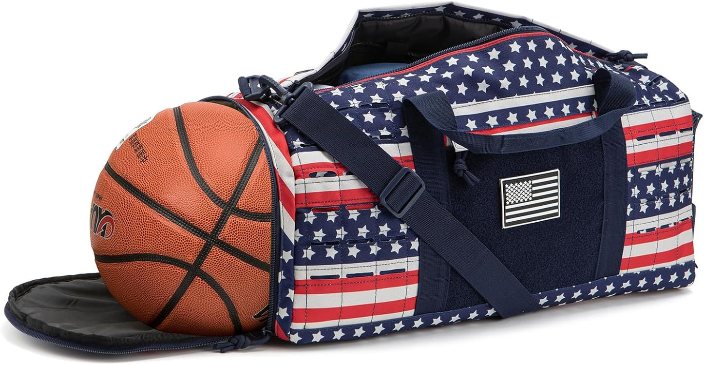 QT&QY 40L Military Tactical Duffel Bag For Men Sport Gym Bag Fitness Tote Travel Duffel Bags Training Workout Bag With Shoe Compartment Basketball Football Weekender Bag patriot Star Spangled