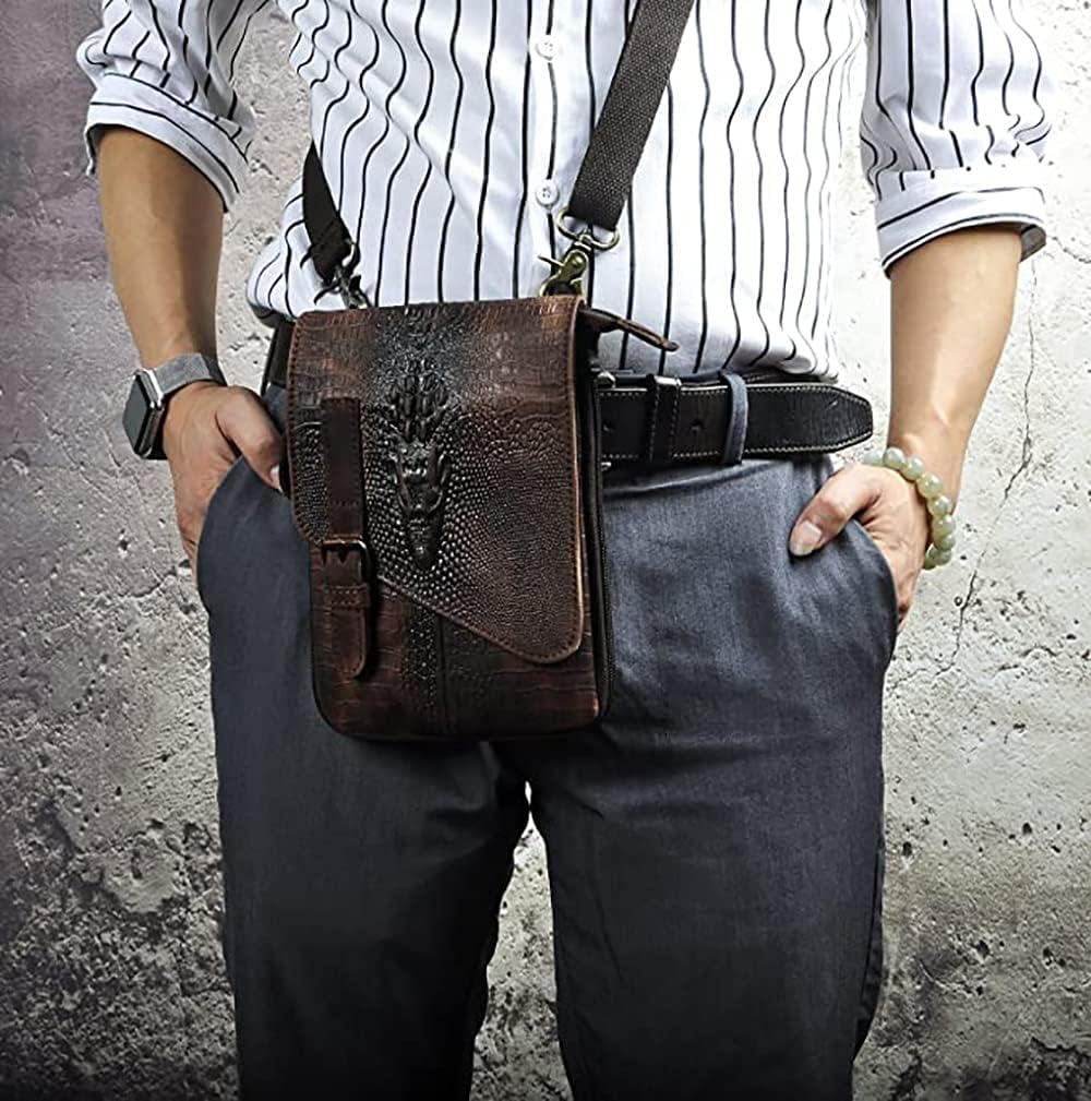 Genuine Leather Small Messenger Bag for Men, Shoulder Satchel with Phone Pouch & Waist Fanny Pack Strap