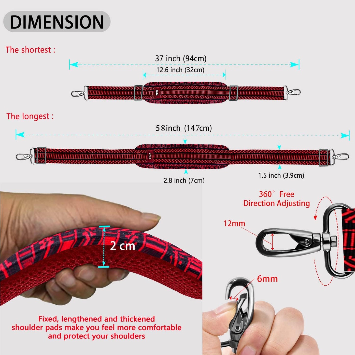 ZINZ Shoulder Strap 58" Ultra-Thick Fixed Padded and Adjustable Buckles Crossbody Strap for Briefcase Laptop Bag Luggage