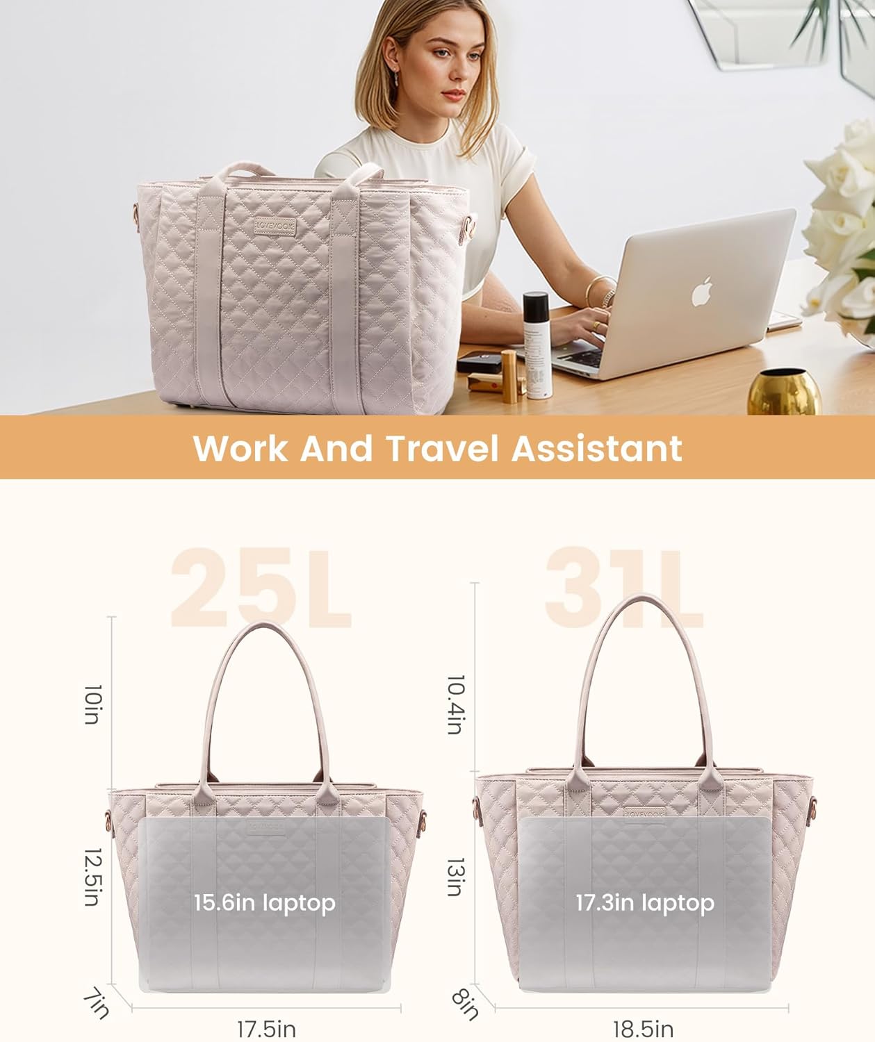 LOVEVOOK Laptop Bag for Women，Work Bag Teacher Tote Bag With Large Cup Holder, Quilted Crossbody bag with Zipper for Travel