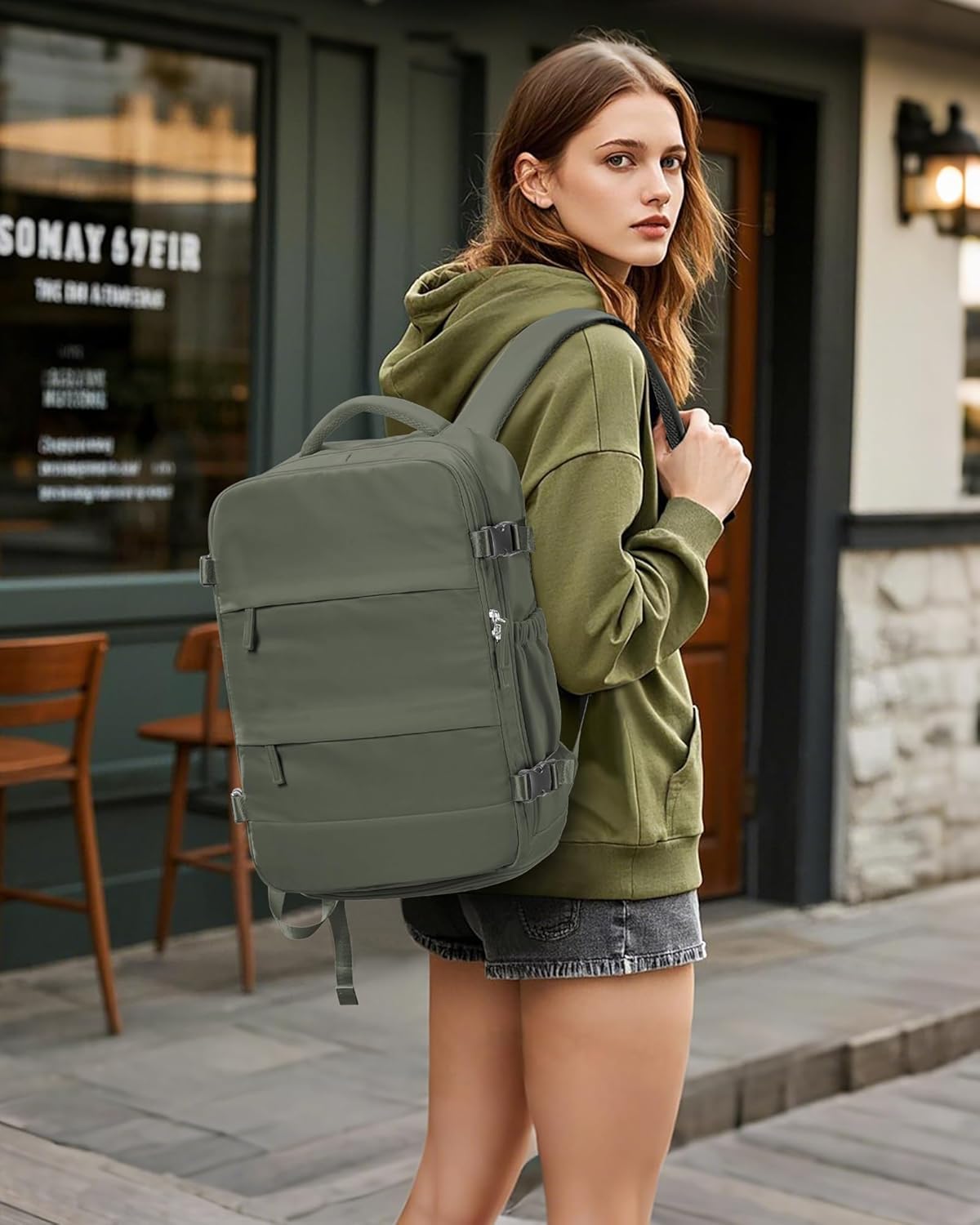 Vacuum Backpack Travel with Pump,Travel Backpack with Vacuum System, Shoe Compartment,United Airlines Personal Item Bag 17x10x9,Mochila compresion al vacio,Brown Green