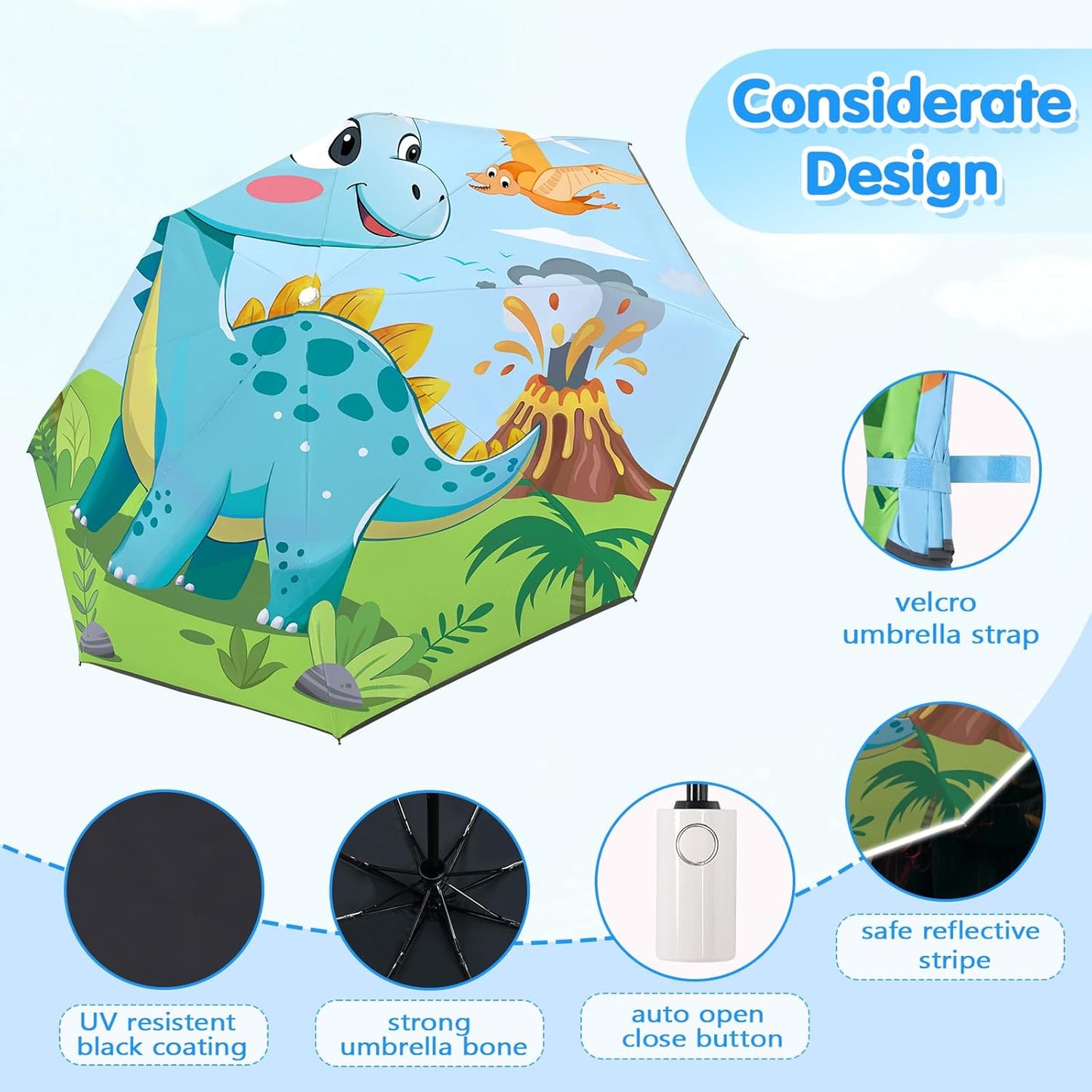 Kids Folding Umbrella Auto Open/Close Anti-rebound Safe Design UV Resistant Automatic Children Travel Umbrellas 8 Rib Reinforced Canopy 360° Reflective Strip Lightweight Cute Umbrella for Girls & Boys