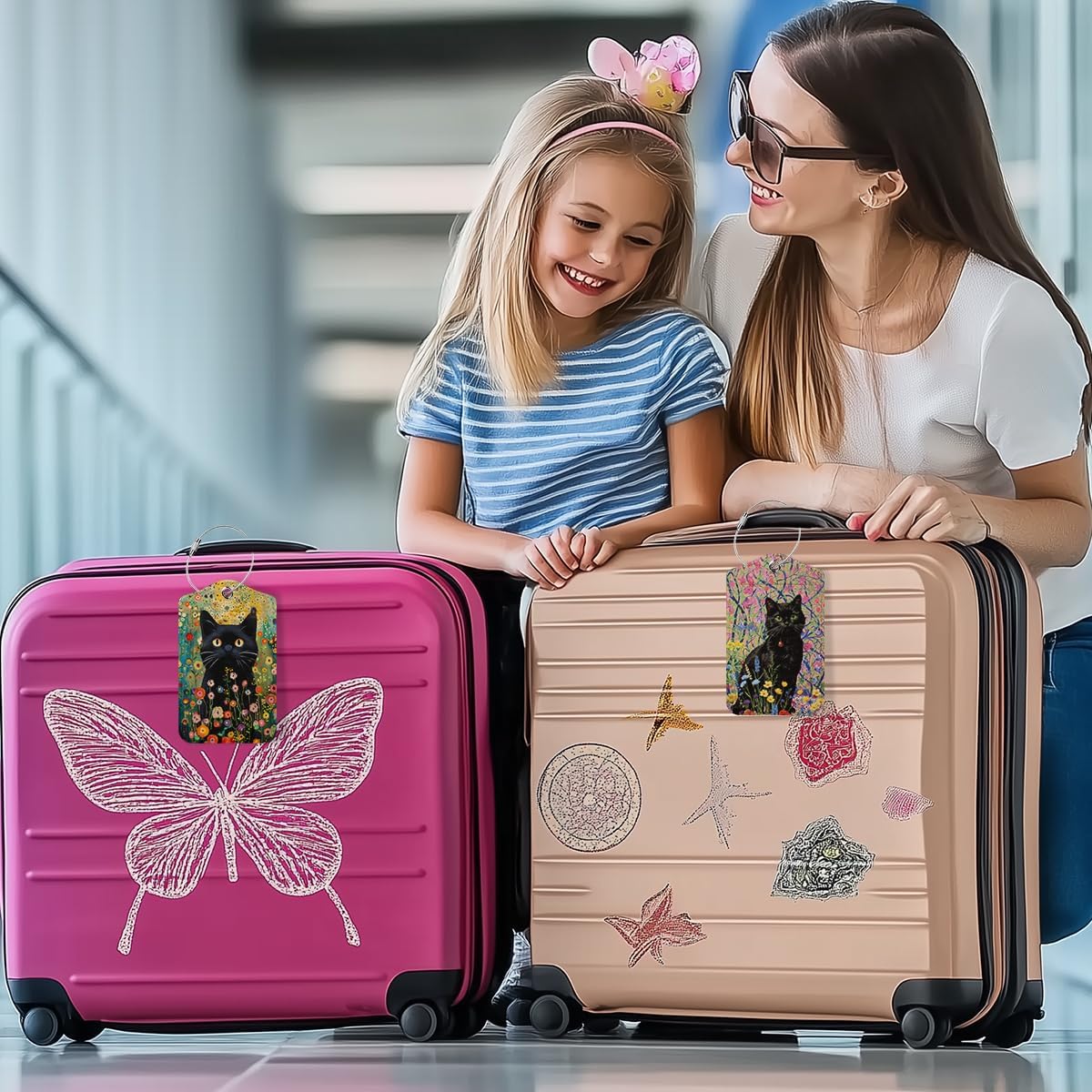2 PCs Floral Cat Stuff Luggage Tag, Suitcase Tags with Privacy Flap and Metal Loop, Luggage Tags for Suitcases, Identifiers Travel Essentials Bag Tag, Cat Lovers Gifts for Women Girls Friends Bestie
