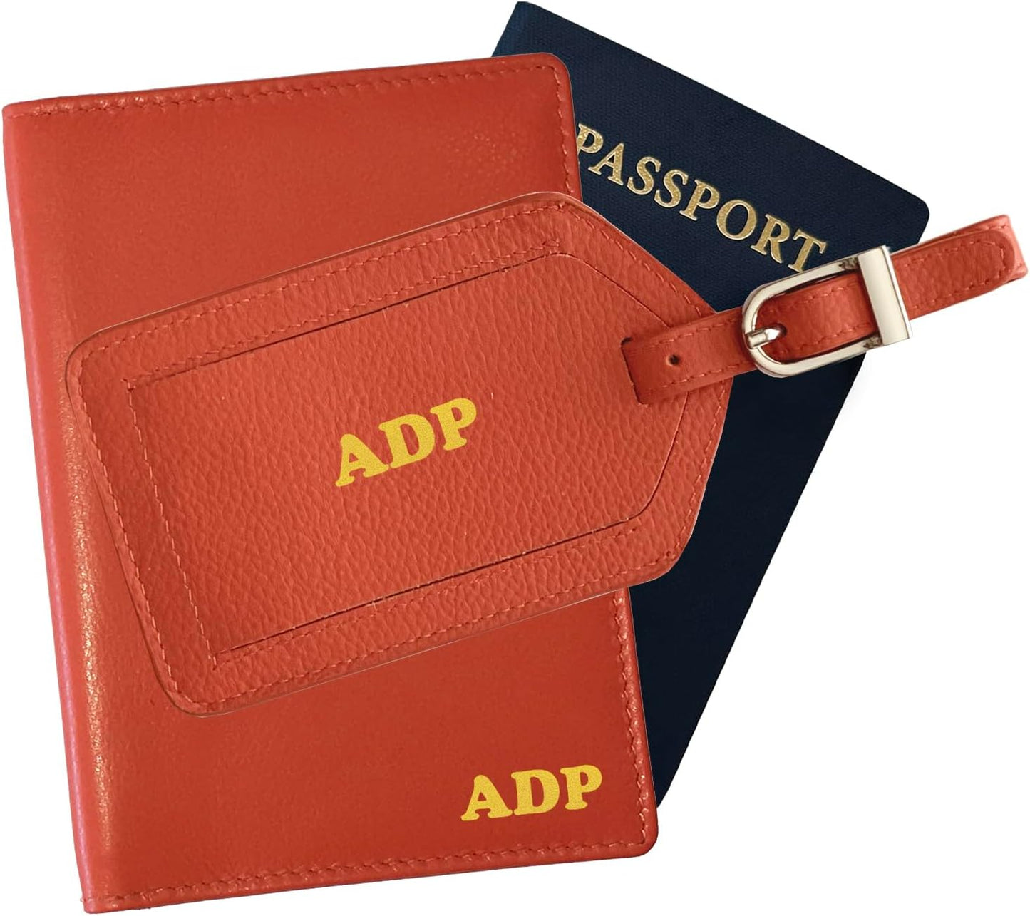 Personalized Monogrammed Orange Leather RFID Passport Wallet and Luggage Tag