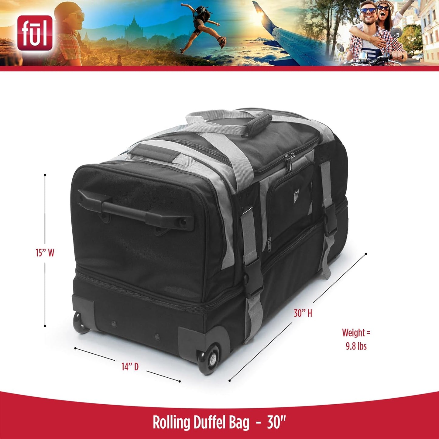 FUL Rig 30 Inch Rolling Duffel Bag, Travel Luggage with Wheels