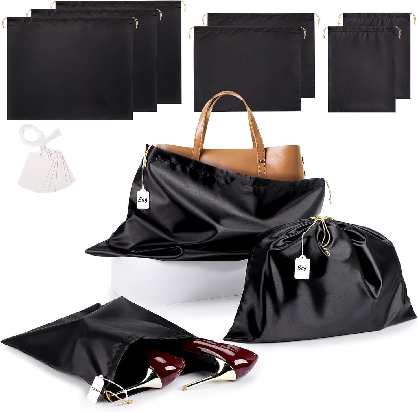 Ewen 7Pcs Dust Bags for Handbags, Silk Cloth Bag with Drawstring, 2Pack 11.8x15.7in Storage for Shoes, 2Pcs 19.6x15.7in Dust Bag, Pack of 3 23.6x19.6in Bags for Purse, Black Satin Travel Storage Pouch