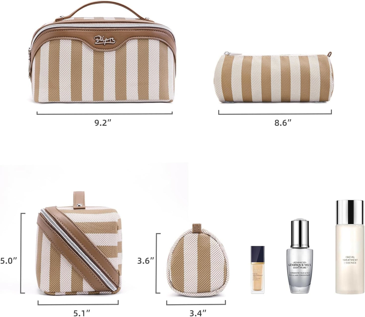 BOYATU Travel Makeup Bag for Women: Large Cosmetic Bag Set of 3 - PU Leather Make up Bag with Compartments - Compact Waterproof Toiletry Bag with Divider & Handle (B-5-Brown)