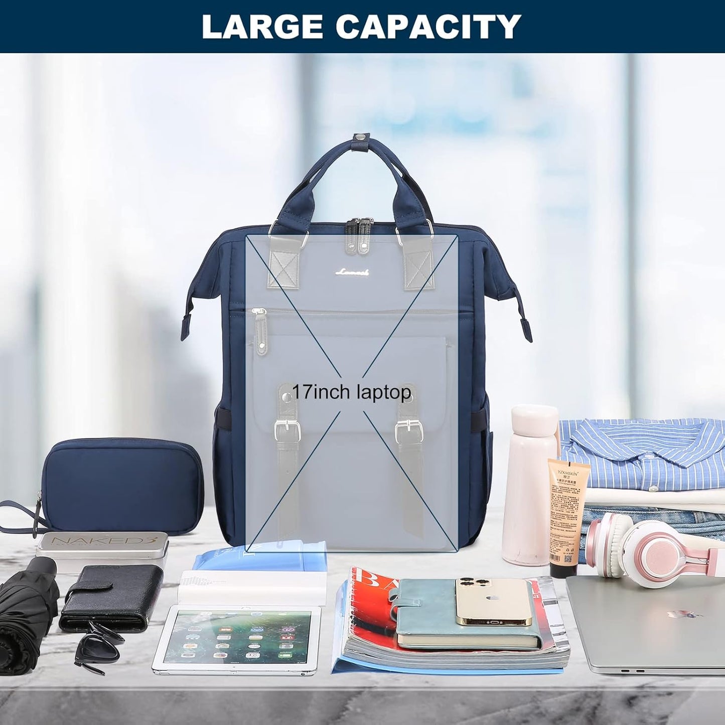LOVEVOOK Laptop Backpack for Women Work Travel Commuter Backpack Business Computer Bag Doctor Nurse Bags College Backpack Purse, 17 Inch, Blue-black
