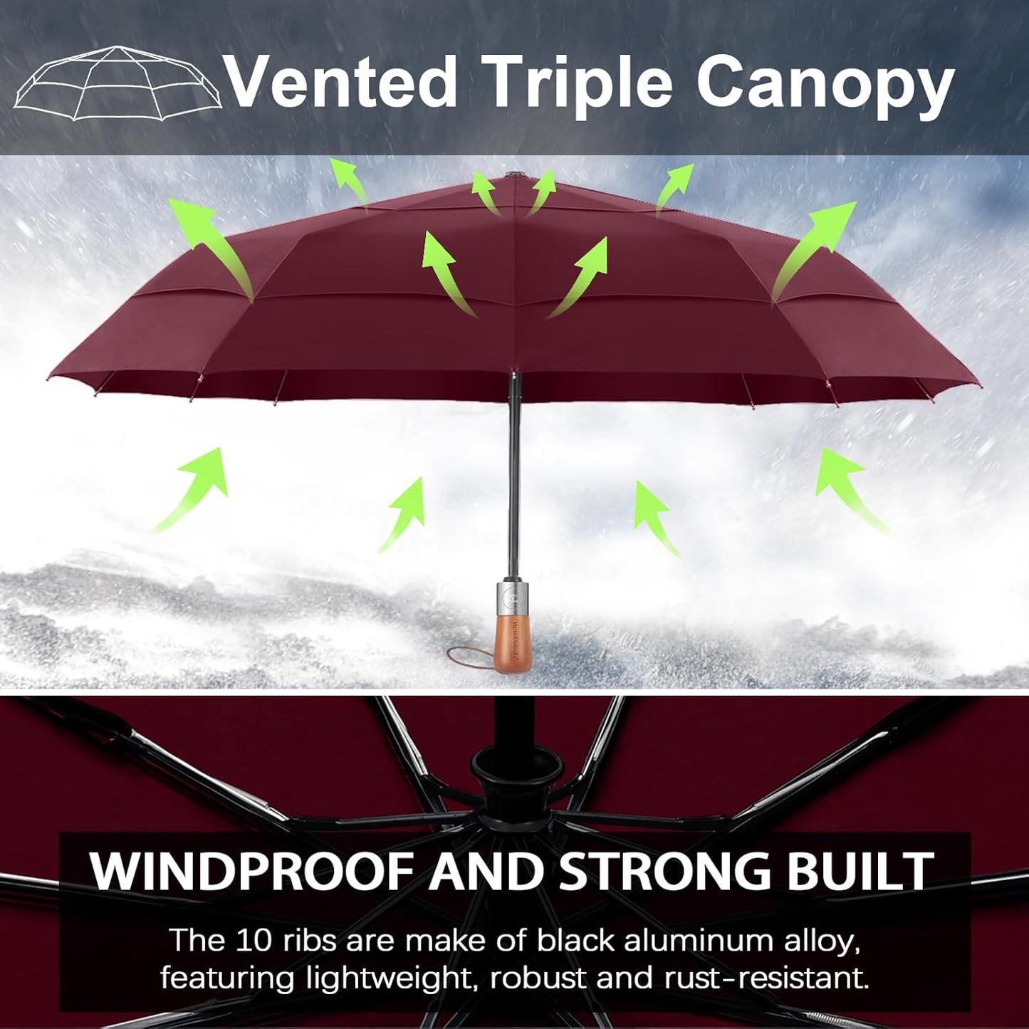 Umbrellas for Rain, Heavy-Duty Windproof Travel Umbrella — Auto Open/Close, Vented Triple-Layer Canopy, 10 Fiberglass Ribs, Folding Design, Large Coverage, Wooden Handle