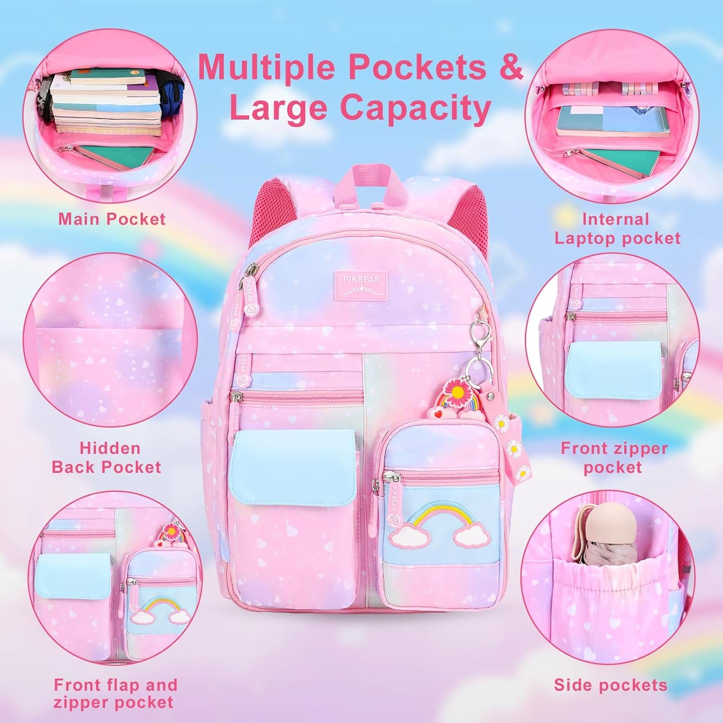 Girls Backpack Set 3 IN 1,Cute Rainbow Kids Backpack with Insulated Lunch Box Pen Case Set Student School Bag(Pink-3 pieces set)