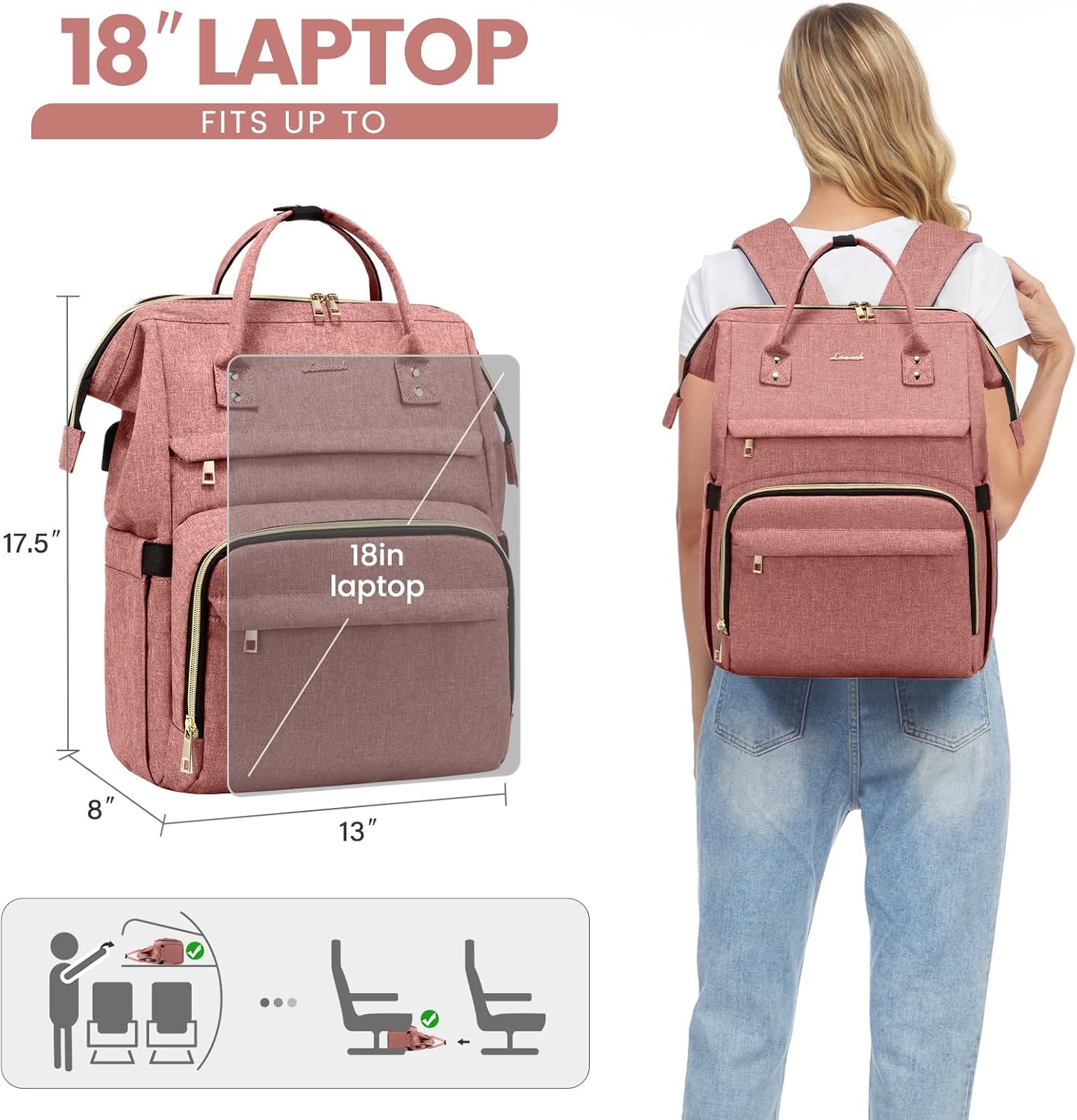 LOVEVOOK Laptop Backpack for Women,18 Inch Professional Womens Travel Backpack Purse Computer Laptop Bag Nurse Teacher Backpack,Waterproof College Work Bags Carry on Back Pack with USB Port,Light-pink