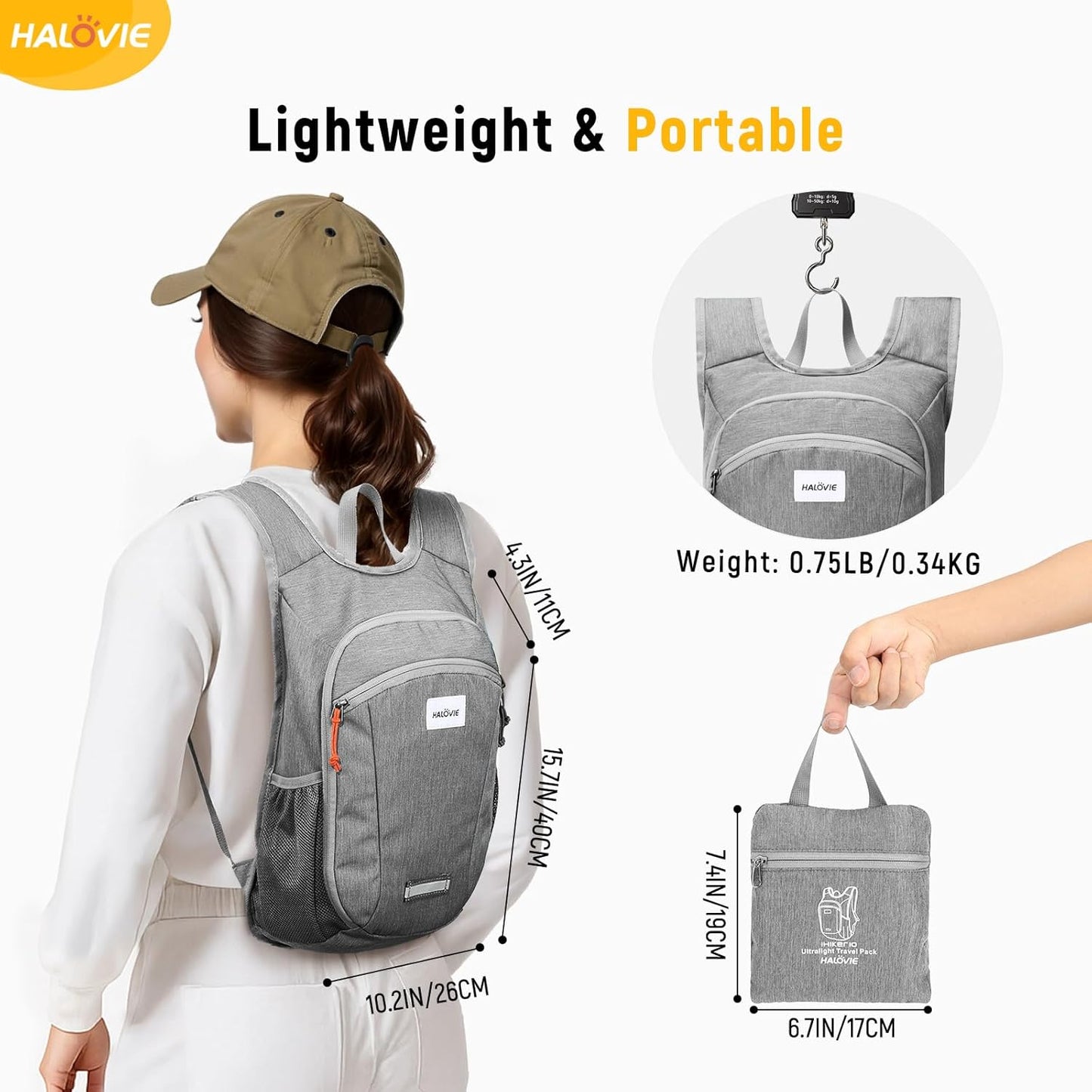 HALOVIE Small Hiking Backpack 10L Packable Lightweight Daypack Foldable Travel Back Pack for Women Men(Lightgray)