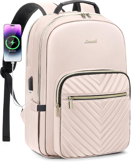 LOVEVOOK Laptop Backpack for Women 17.3 inch,Cute Womens Travel Backpack Purse,Professional Laptop Computer Bag,Waterproof Work Business College Teacher Bags Carry on Backpack with USB Port,Nude
