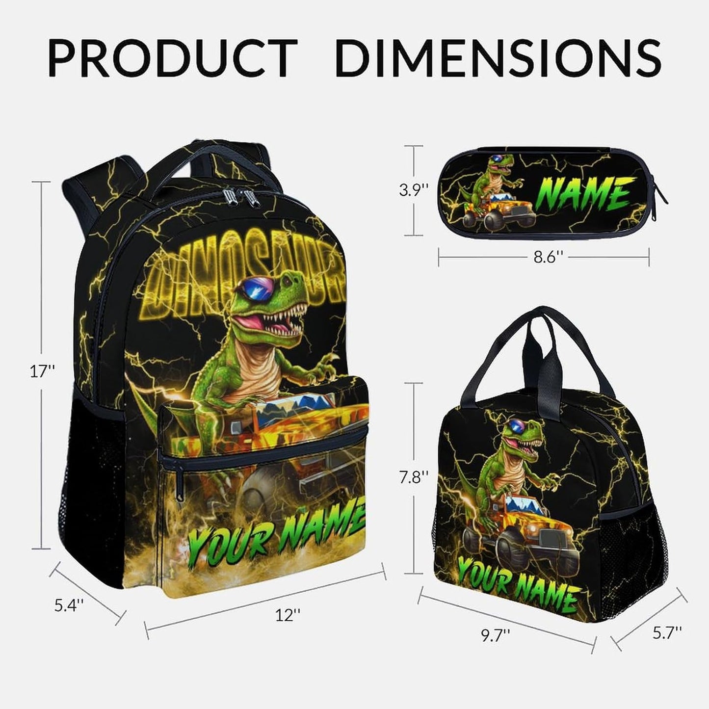 School Backpack with Lunch Box Set, Personalized Dinosaur Backpack for Boys, Custom Kids Bookbag with Name, 17 Inch Truck Book Bag with Pencil Case