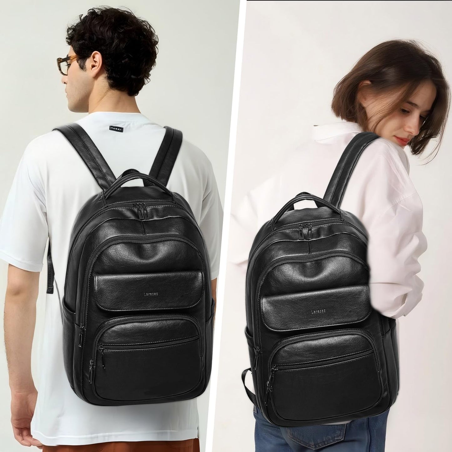 37L Backpack Purse for Women Men for Work Travel Back Pack Laptop Purses Vegan Leather Fashion College Daypack Black