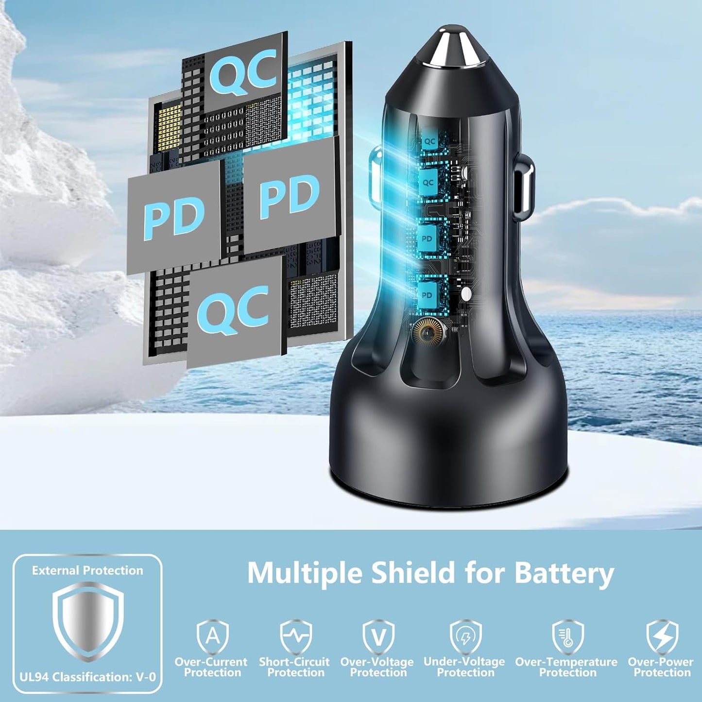USB C Car Charger, Rombica 4-Port 90W Dual USB-C + USB-A Car Power Adapter, 4 in 1 PD/QC Type-C Fast Car Charging Cigarette Lighter for iPhone 17 17 Pro Max 16 15 14 13 12 11/Galaxy S23 S24/Pixel/iPad