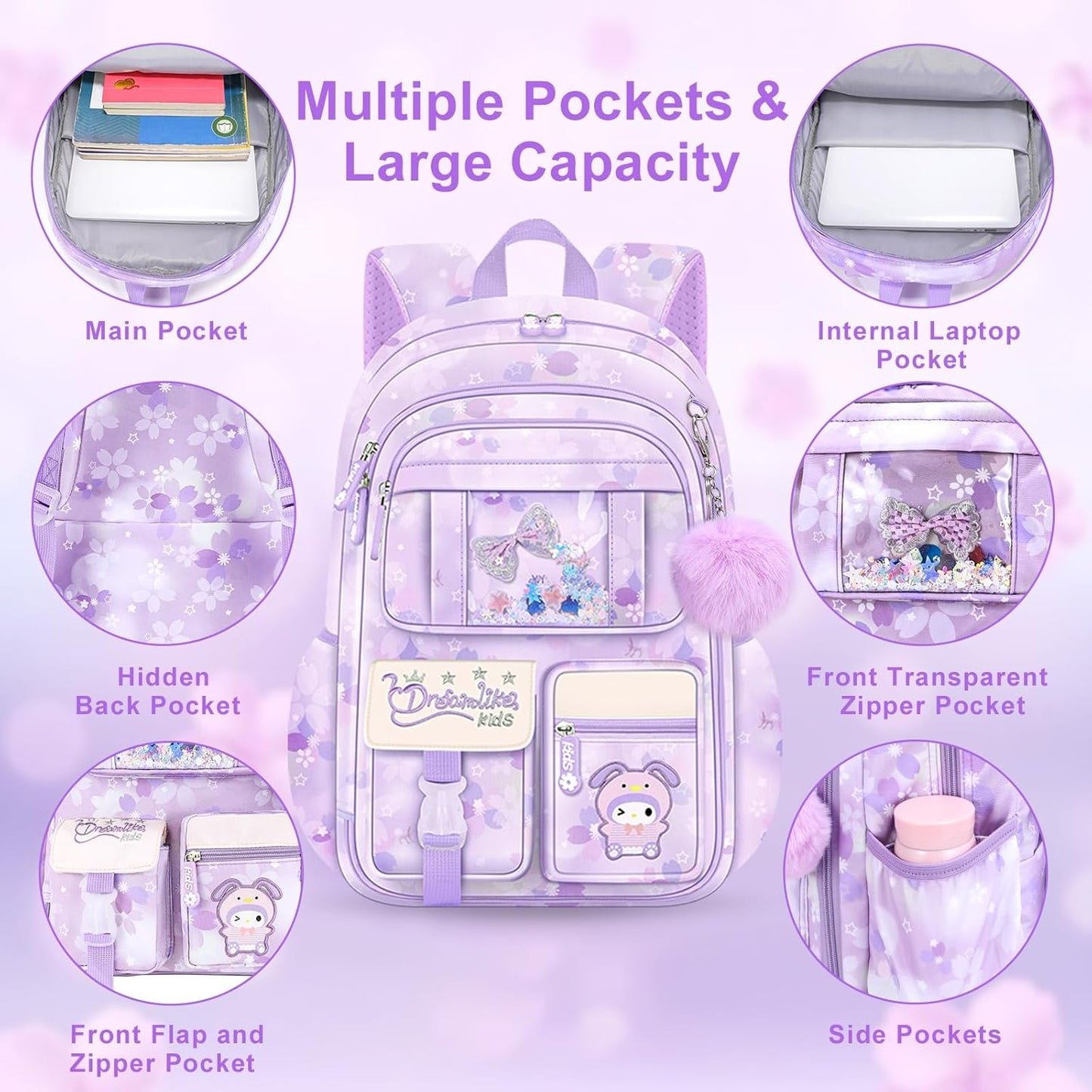 Backpack for Girls 3pcs Set, Kids Backpack for Girls with Lunch Box Pencil Case Set for Teens Elementary Middle School Bags (Purple-3 Piece Set-1)