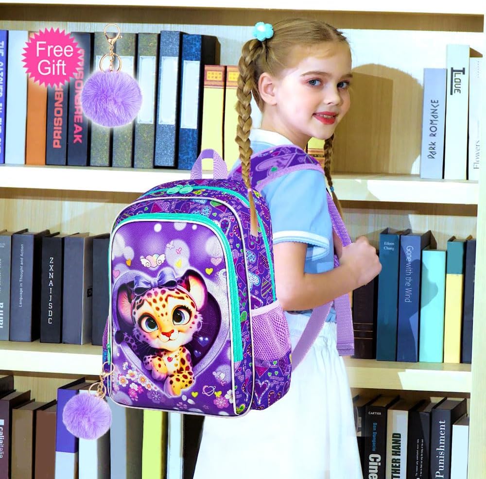3PCS Girls Backpack, Kids Water Resistant Heart Bookbag Set with Lunch Box, Cute Kids School Bag for Preschool Toddler