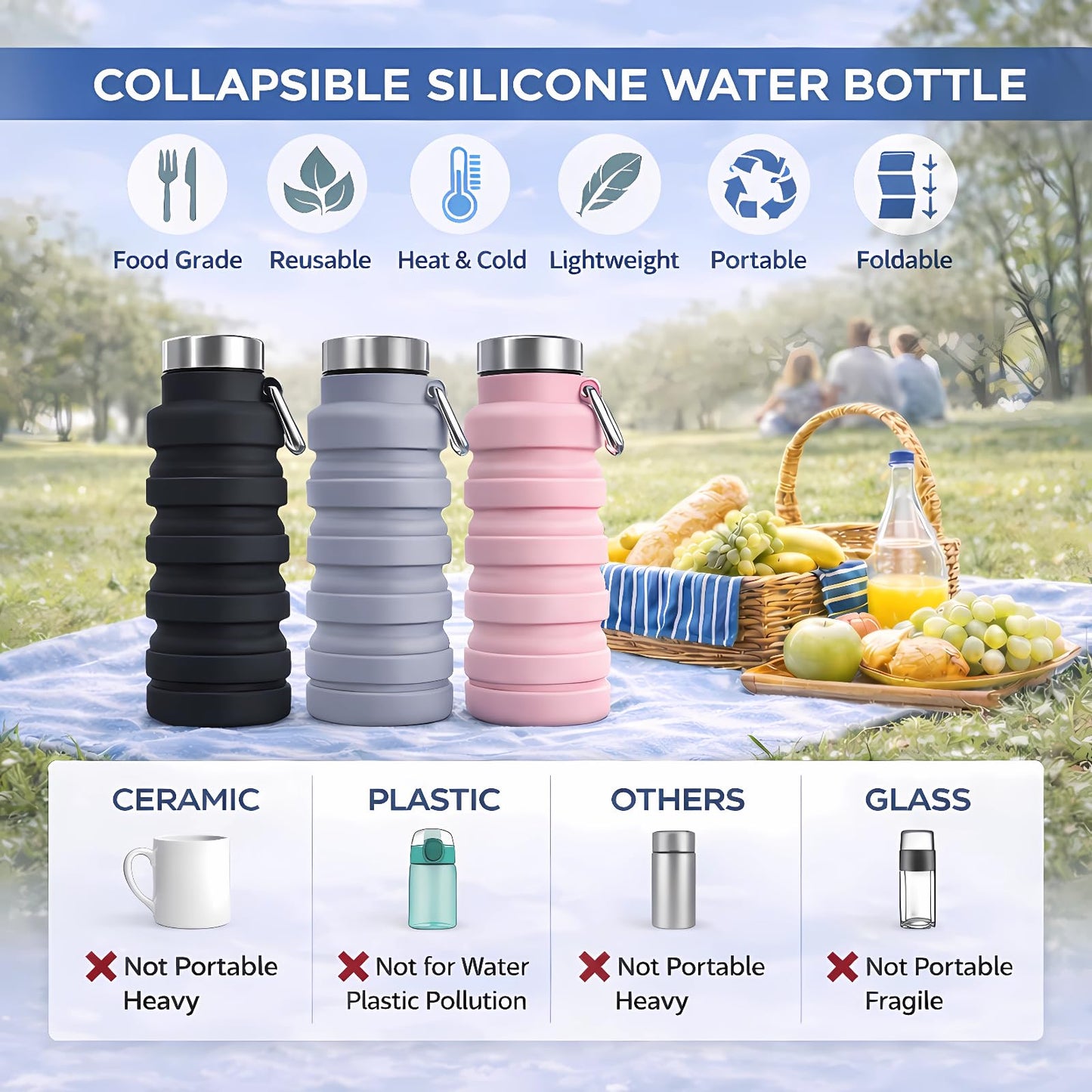 Collapsible Water Bottles,16oz Capacity Portable Reusable Silicone Water Bottle,Leak-proof,with
