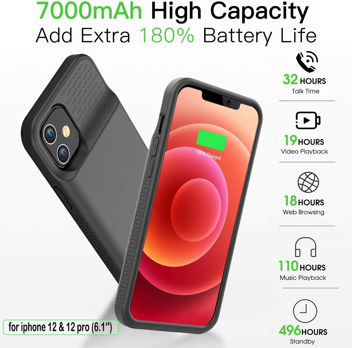 GIN FOXI Battery Case for iPhone 12/12Pro, Real 7000mAh Ultra-Slim Battery Charging Case Rechargeable Anti-Fall Protection Extended Charger Cover for iPhone 12Pro Max/12/12 Pro Battery Case Black