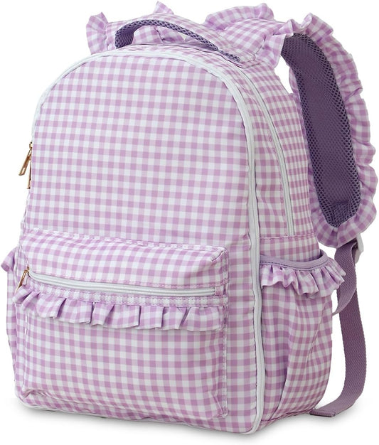 DYSHAYEN Kids Backpack for Girls, 15" Ruffled Backpack for School Kindergarten Bookbag 5-8, Fully Opened Compartment (Purple Gingham)