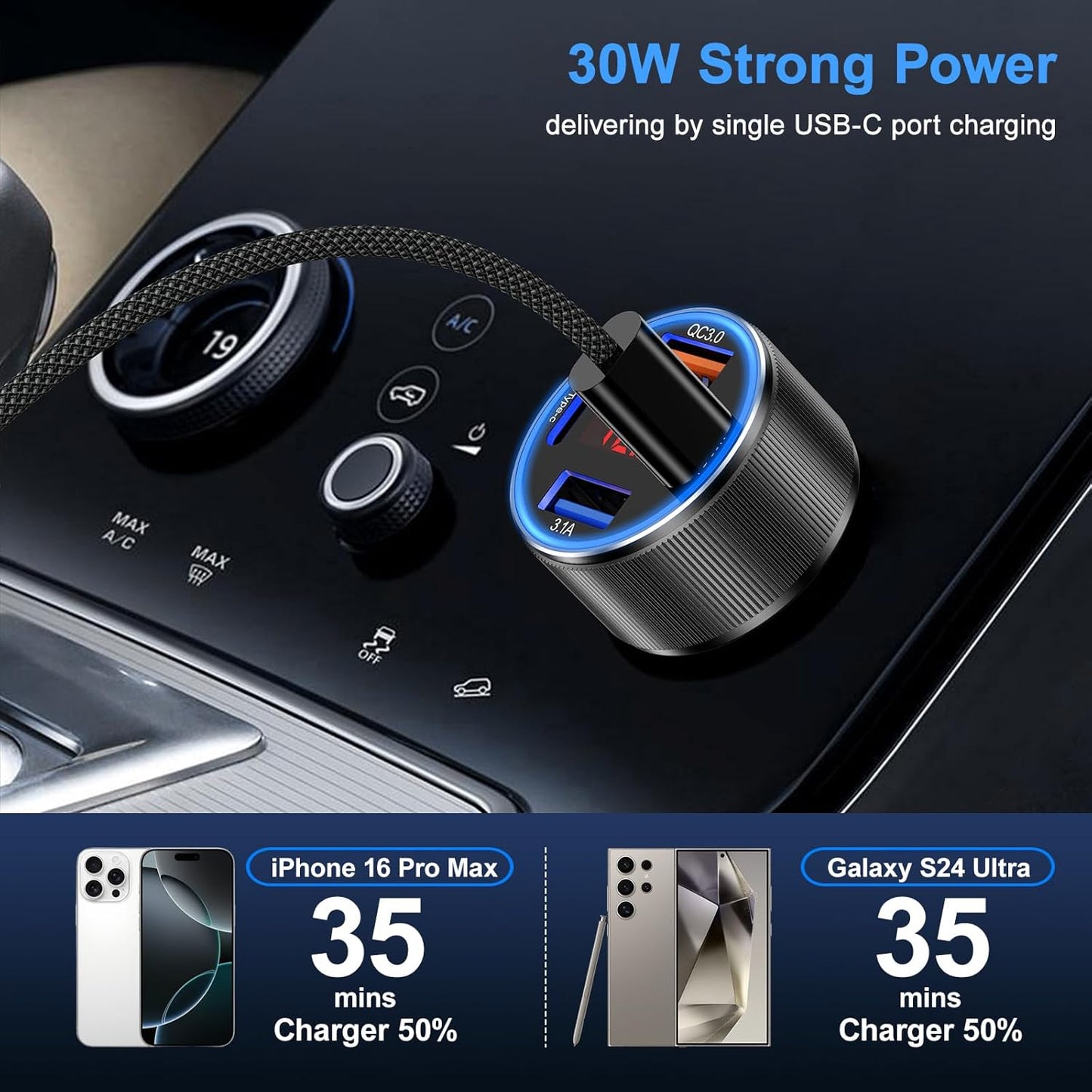 Car Charger for iPhone 17 16 15 Pro Max, Besgoods 4-Port Cigarette Lighter Adapter USB C & USB A Car Phone Charger Fast Charging Voltmeter for Galaxy S24 S23 A15 A54 Android, 6ft USB C to C Cable