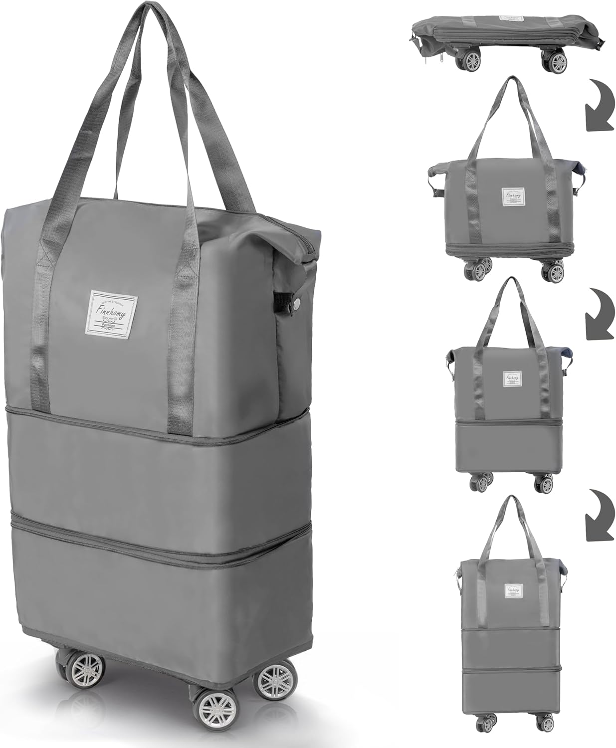 Finnhomy 50L Expandable Rolling Duffel Bag with Wheels Foldable Duffel Bag for Travel Carry on Bag with Wheels Luggage Travel bag Detachable Wheel Duffel Bag for Shopping Travel Outdoor, Grey