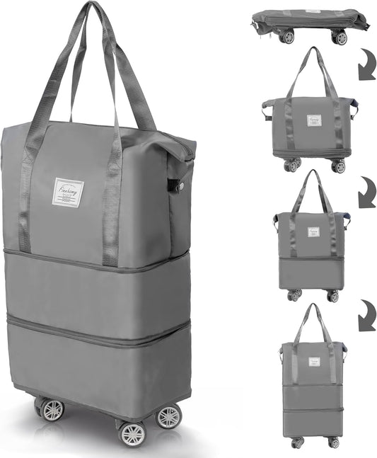 Finnhomy 50L Expandable Rolling Duffel Bag with Wheels Foldable Duffel Bag for Travel Carry on Bag with Wheels Luggage Travel bag Detachable Wheel Duffel Bag for Shopping Travel Outdoor, Grey