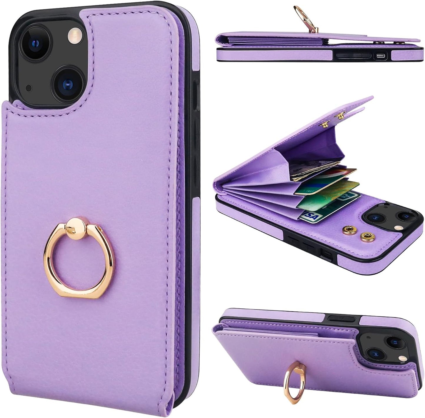 Folosu Compatible with iPhone 14 Case Wallet with Card Holder, 360°Rotation Finger Ring Holder Kickstand, RFID Blocking Leather Protective Double Buttons Shockproof Cover 6.1 Inch Purple