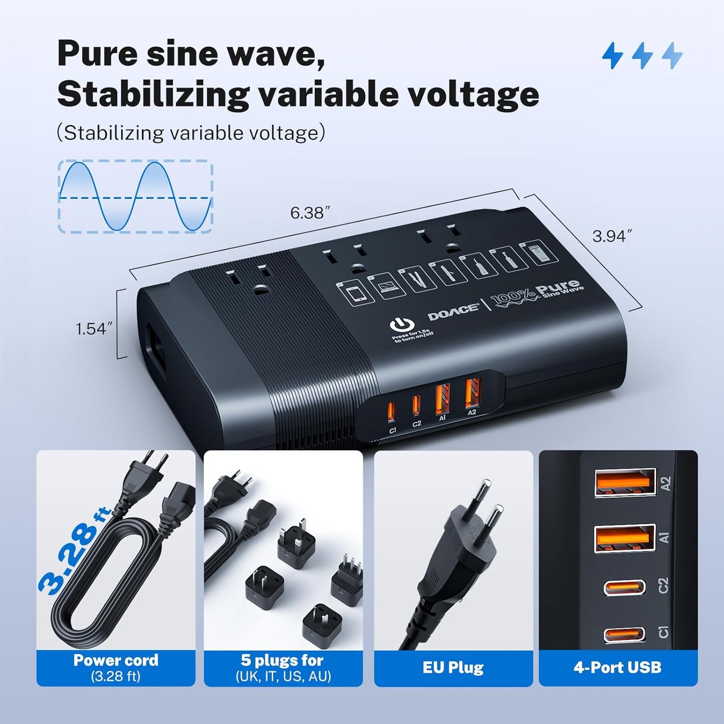 DOACE 500W Pure Sine Wave Voltage Converter, 220V to 110V European Travel Plug Adapter Converter