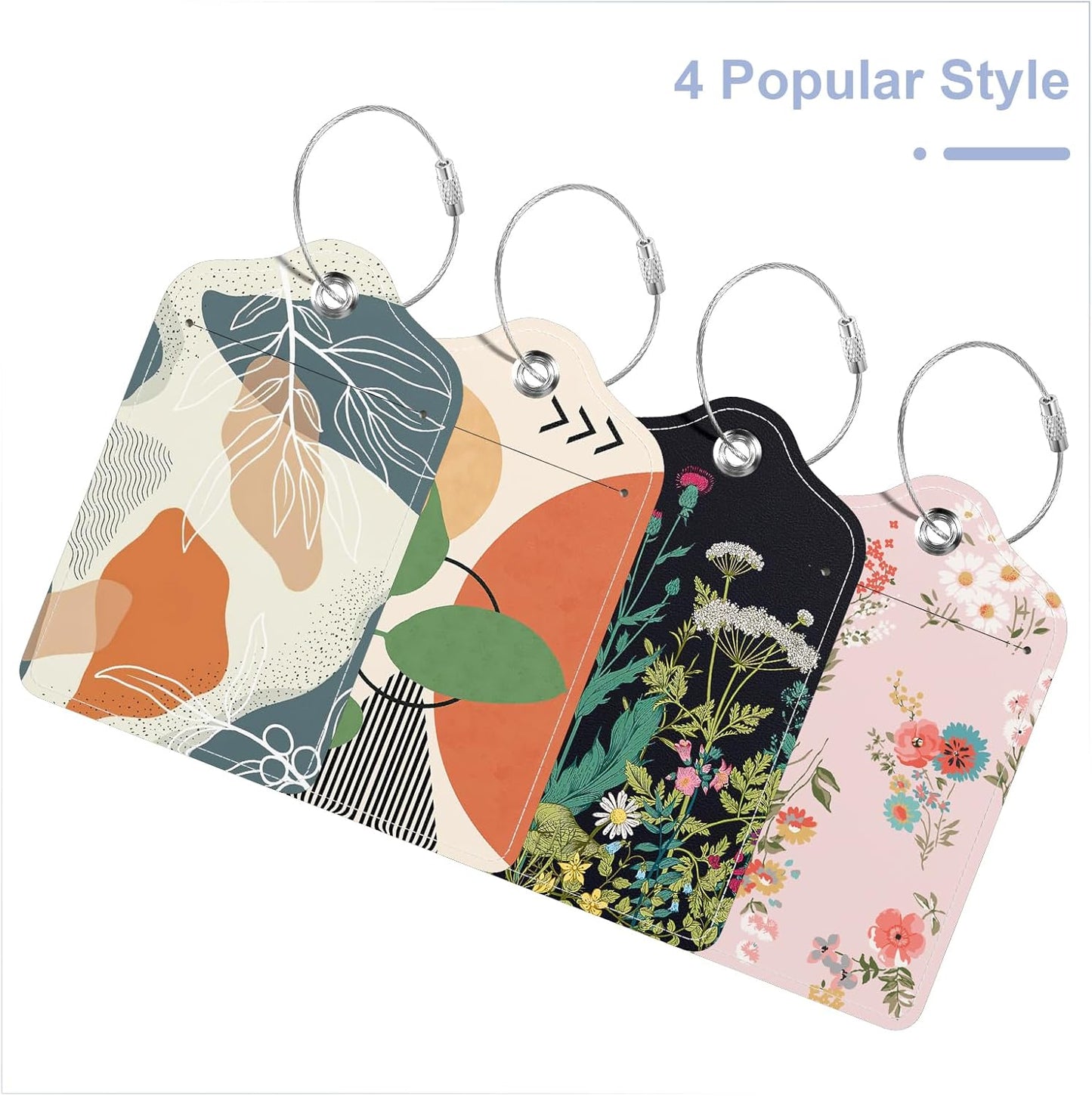 4 Pack PU Leather Luggage Tags for Suitcase, Travel Cruise Luggage Tag with Privacy Flap, Name ID Label and Metal Loop for Women Men Baggage Handbag School Bag Backpack, Flowers Bird