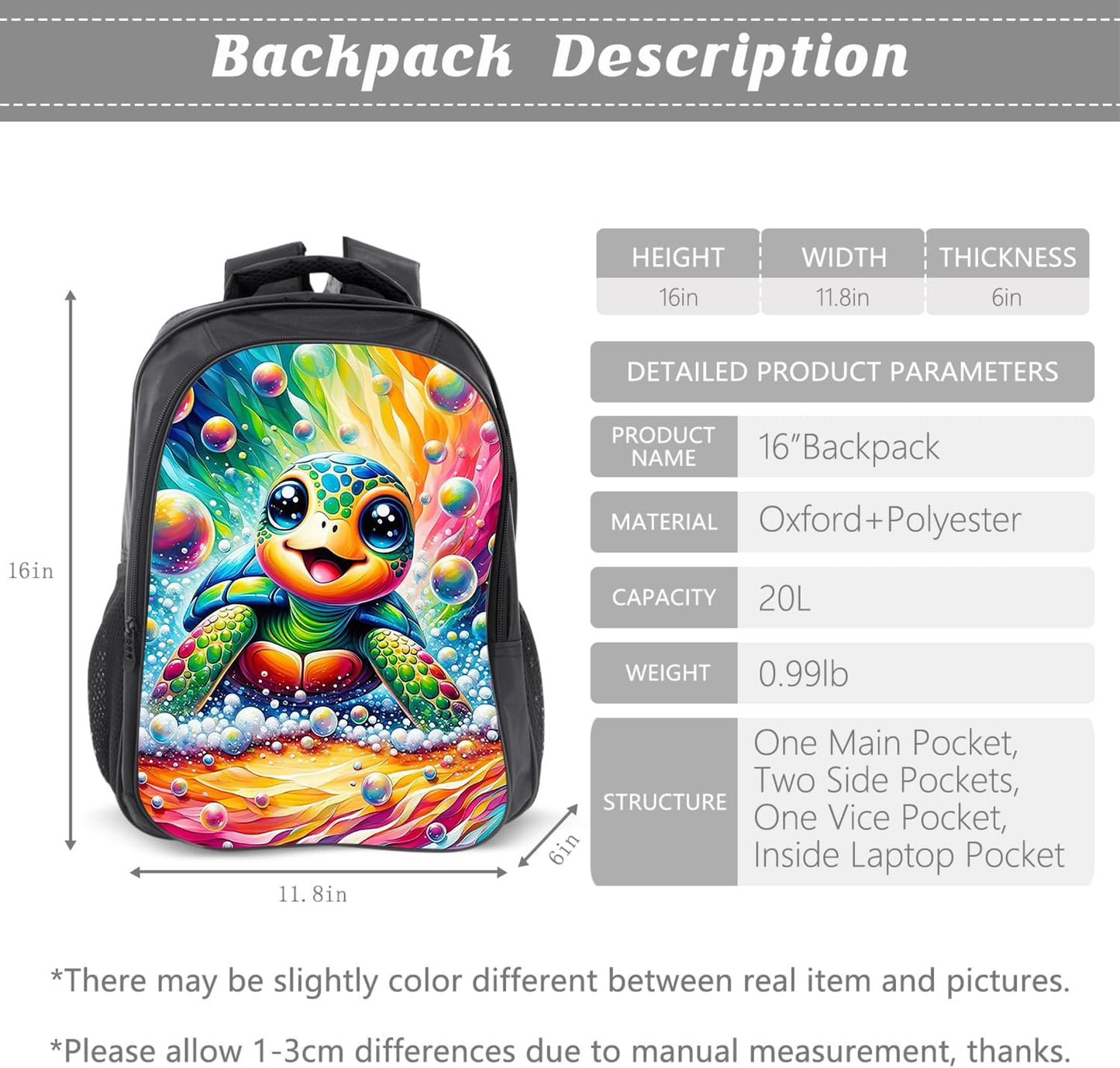 Turtle Backpack Kids Bookbag 16inch Schoolbag With Lunch Box Bag And Pencil Case Set For Boys Girls