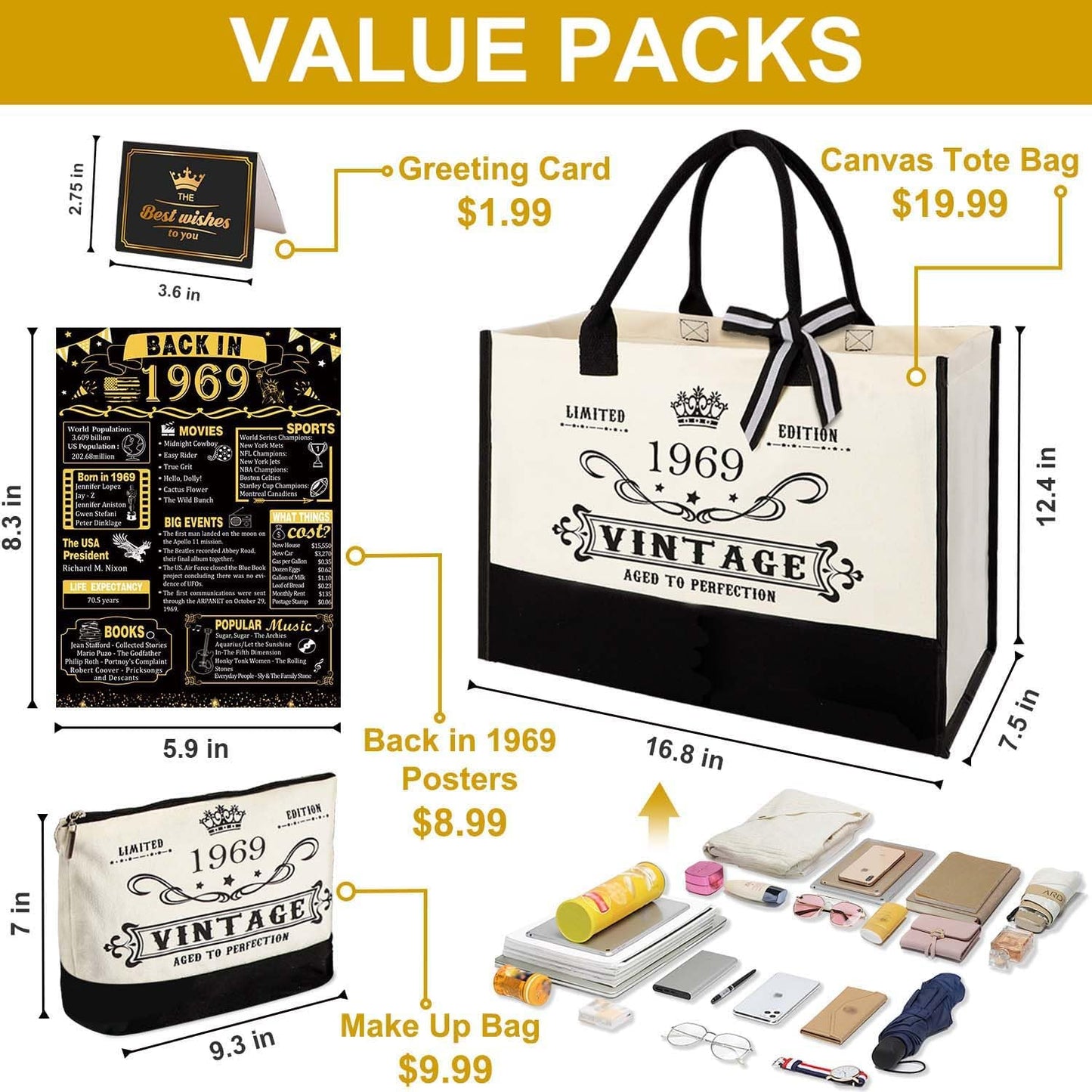 YeohJoy 56th Birthday Gifts for Women Canvas Tote Bag Travel Gear, Unique 56 Years Old Birthday Gifts for Girlfriend Sister Friends Her, Vintage 1969 Handbag & Cosmetic Bag & Back in 1969 Poster