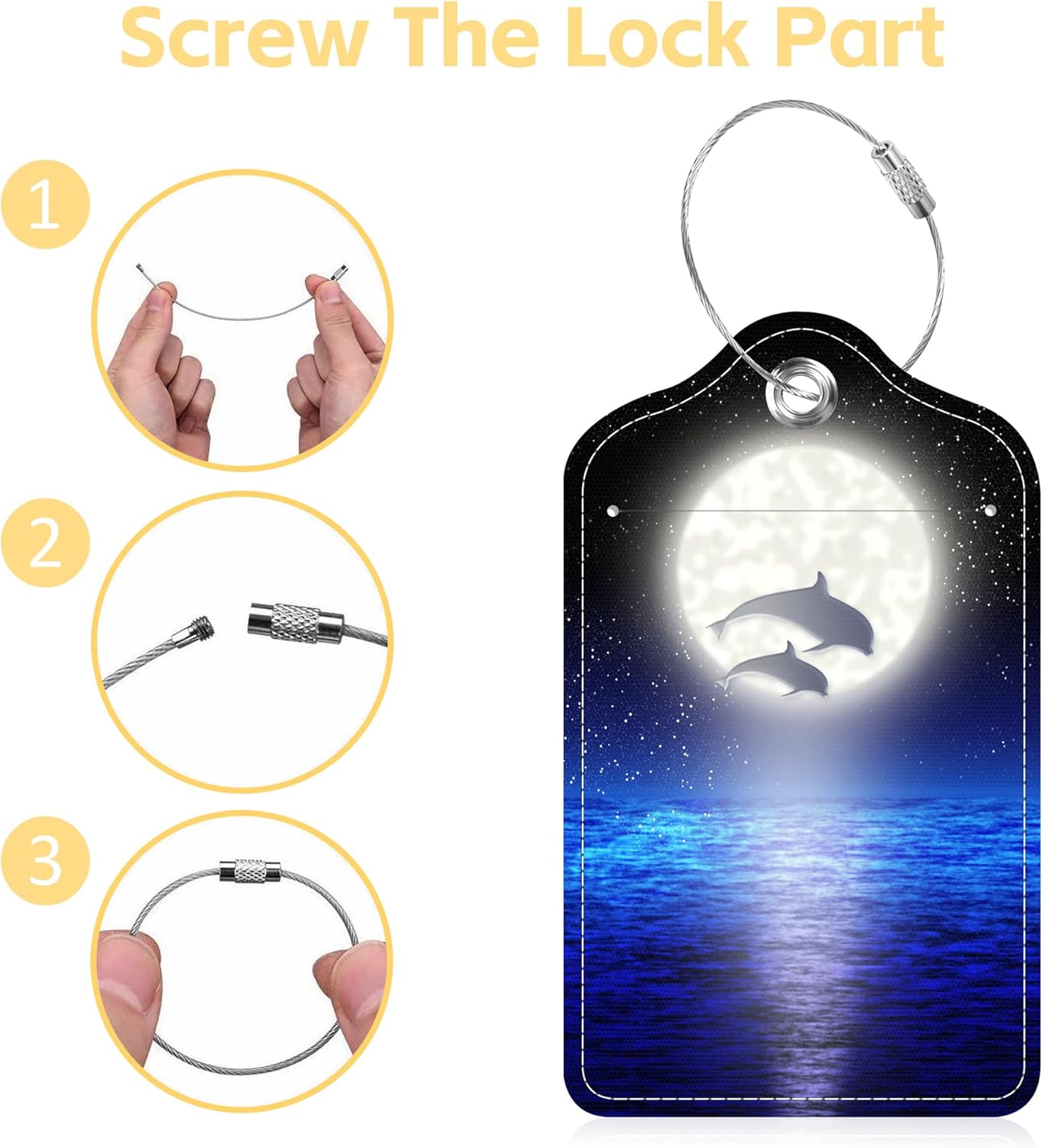 Set of 2 Luggage Tags Pair Jumping Dolphin on The Night Leather Suitcases Tag with Privacy Cover Stainless Steel Loop and Address Card for Women Men Travel
