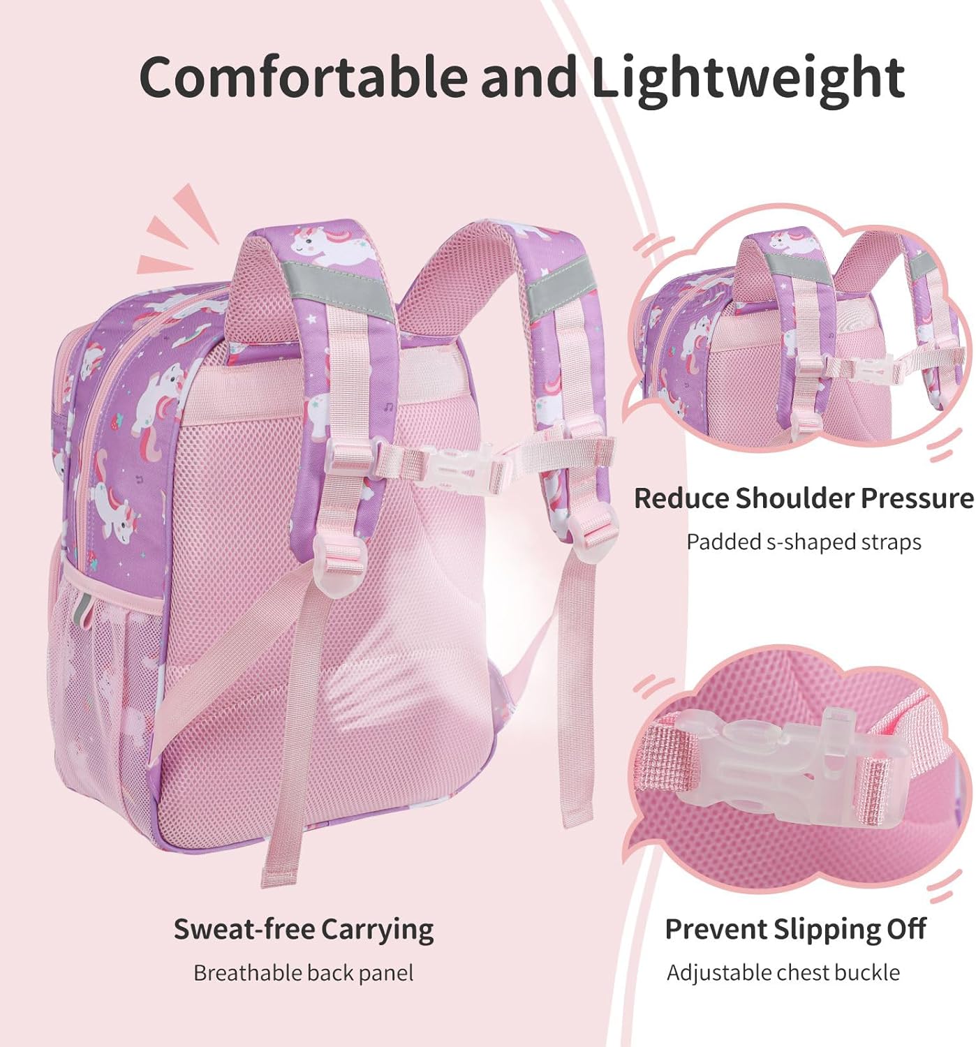 Kids Backpack for Girls - 15 Inch Backpack for Kids 3 to 8, Lightweight Bookbag for Preschool Kindergarten Elementary School, Insulated Pocket, Safe Reflective Stripe, Purple Unicorn