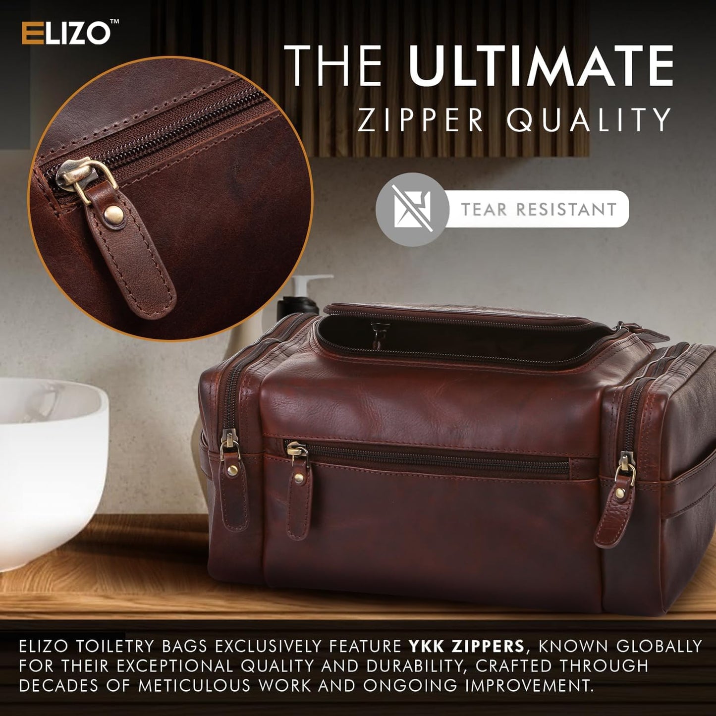 ELIZO Genuine Leather Toiletry Bag for Men Mens Toiletry Bags for Traveling Waterproof Hanging Leather Extra Large Toiletry Bag Travel Organizer for Toiletries