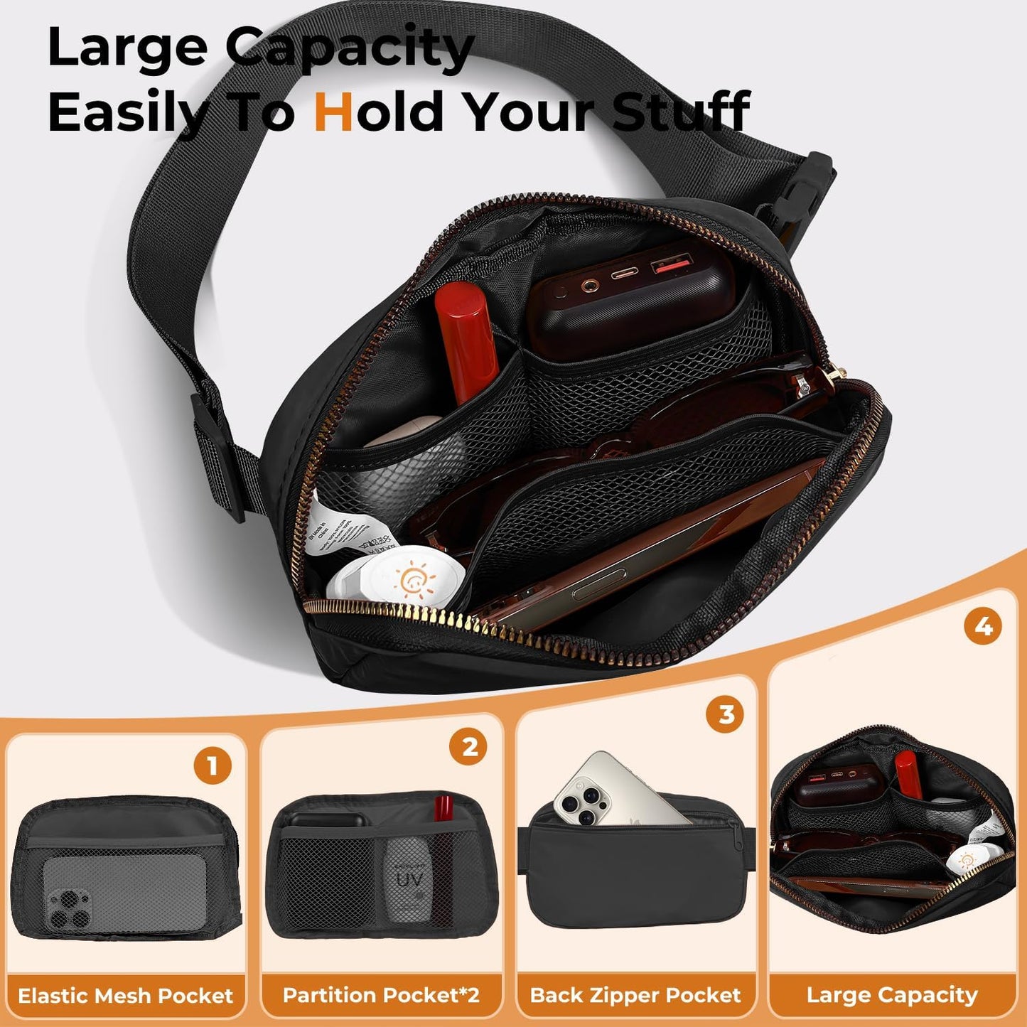 Belt Bag Zipper Fanny Pack Crossbody Bags for Women,Fashion Nylon Waist Packs, Water Repellent Two Way wear with Adjustable Strap Gifts for Teenage Girls Women Men(Black)