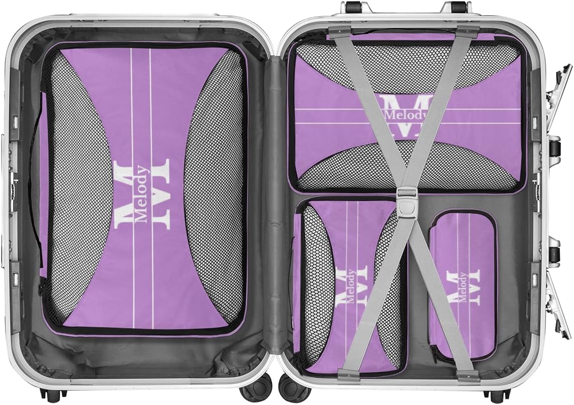 Custom Packing Cubes with Name - 4 Piece Packing Cubes Compression Luggage Suitcase Organizer Set, Lavender Purple with Initial Letter