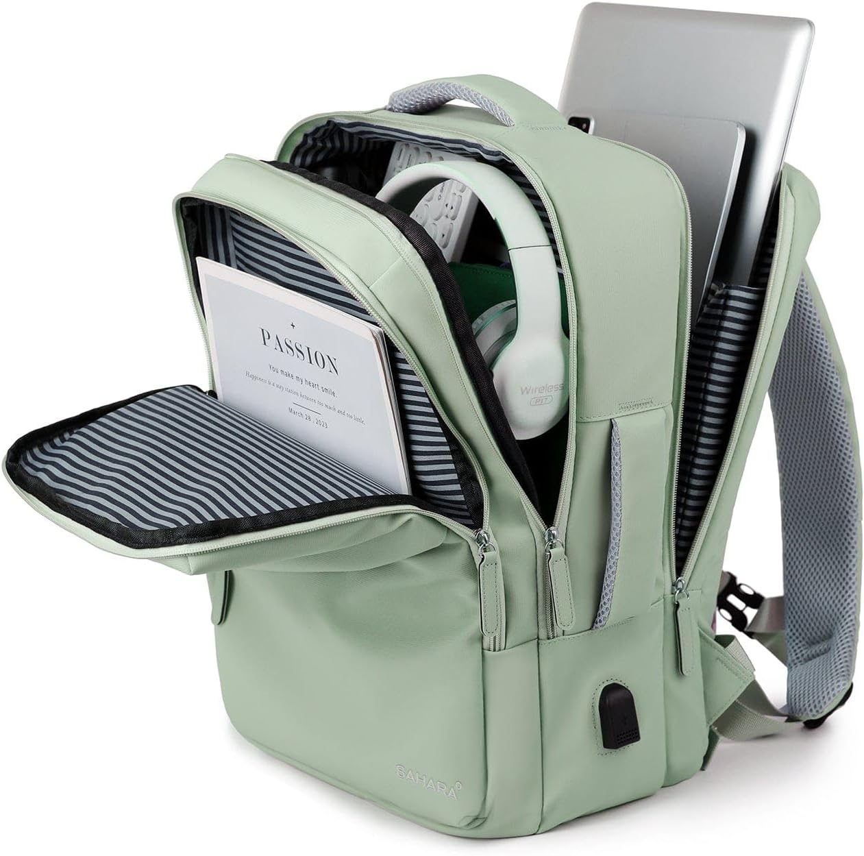 SAHARA - Multi-Compartment Travel & Laptop Backpack with USB Charging Port for Laptops up to 16-inch, Green, (LT00102)