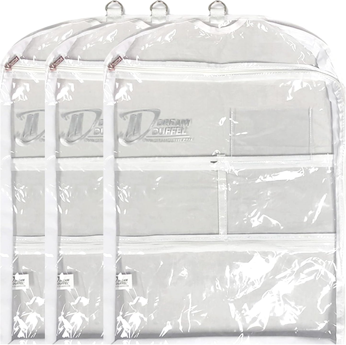 Clear Garment Bags for Dance Costumes 3-Pack, Short-Size, Side Zipper Entry, Storage Pockets for Shoes & Accessories, Size 24”x18”, Dream Duffel