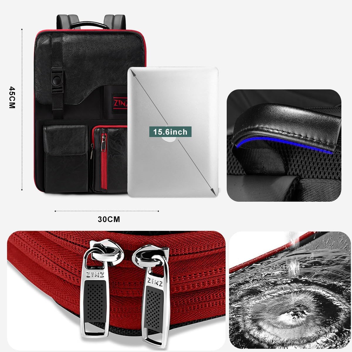 ZINZ Slim & Expandable Laptop Backpack 15.6 Inch, Computer Rucksack Water Resistant Bag, Anti-Theft Travel Daypack for Men and Women-Black&Red