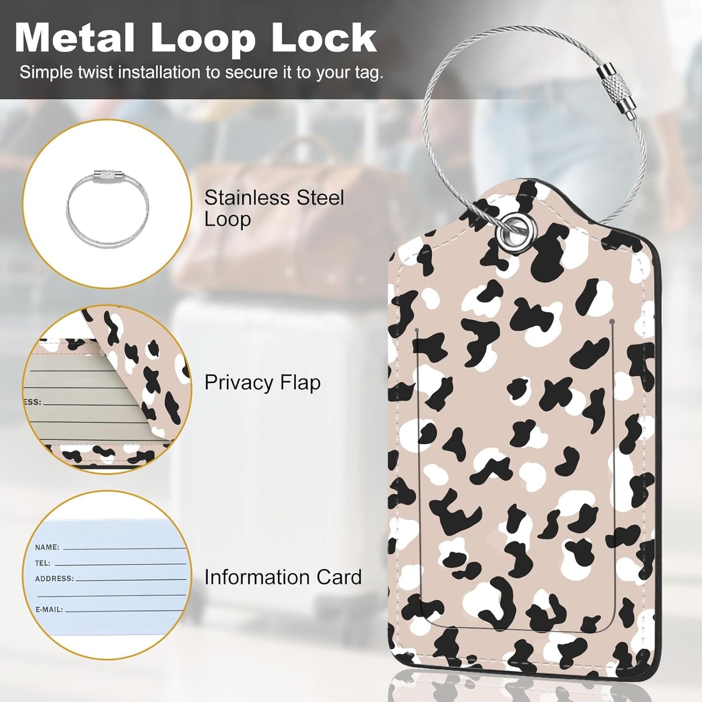 2Pack Luggage Tags for Suitcases, Cute Unique Pu Leather Cruise Luggage Tag with Privacy Cover ID Label Address Card and Metal Ring Suitable for Women Men Kids Travel Bag Beige Black Leopard