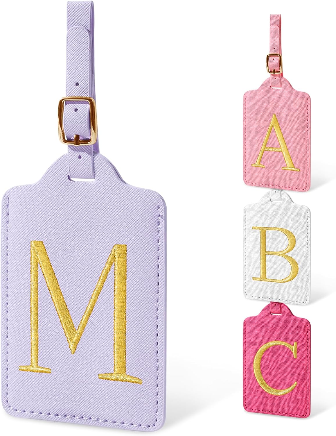 Personalized Initial Luggage Tags for Suitcases, Cute PU Leather Embroidered Letter Travel Luggage Tags, Suitcase Identifier Name Baggage Tag, Bag Tags for Men Women Kids Luggage Handbags(Purple M)