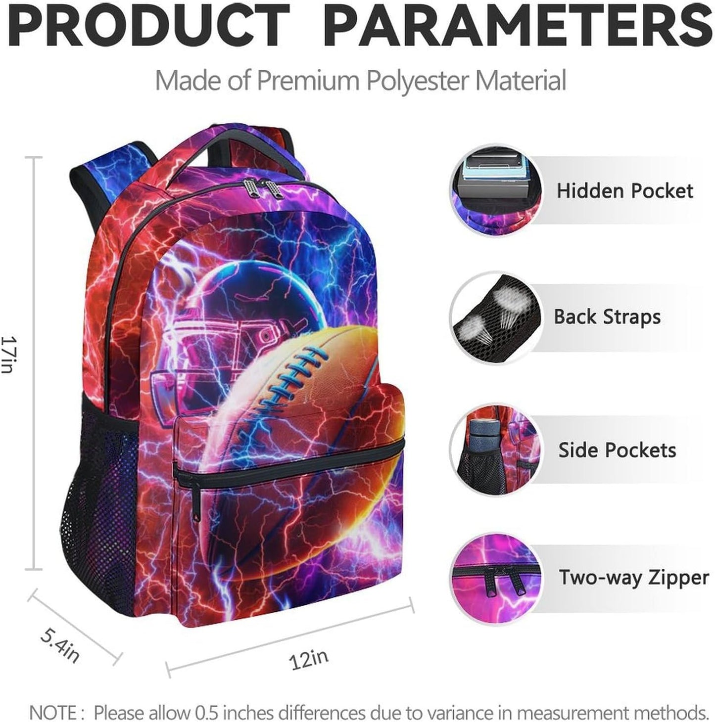 Kids Backpack for School - 17 Inch Cool Football Backpacks for Football Players - Lightweight Boys Bookbag for Middle School, Elementary