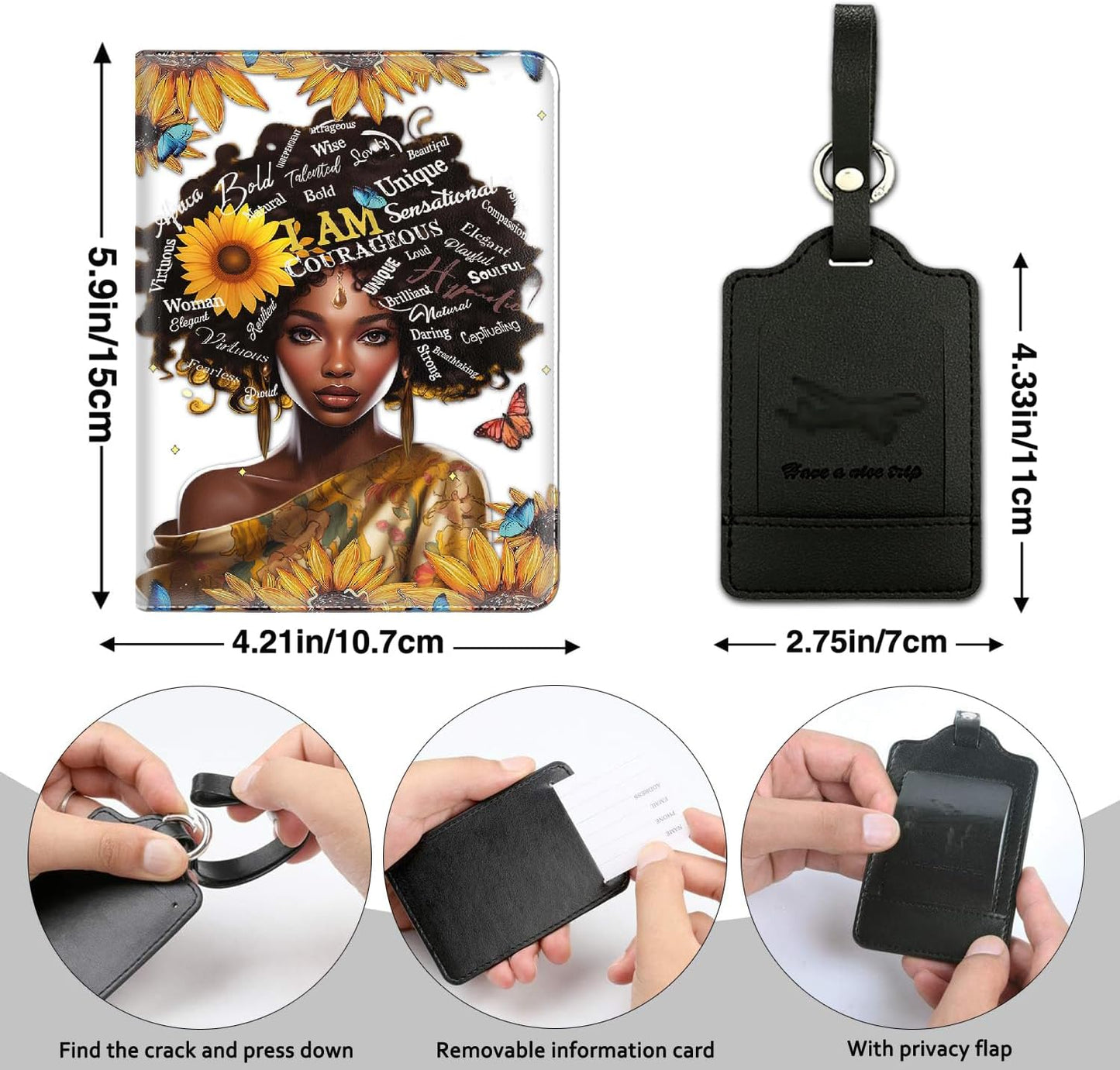 Passport Holder Women Wallet with Luggage Tag, Leather Passport Cover with RFID Blocking, Travel Accessories Multi Card Slot Passport Case for Men，African American Women Sunflower Butterfly