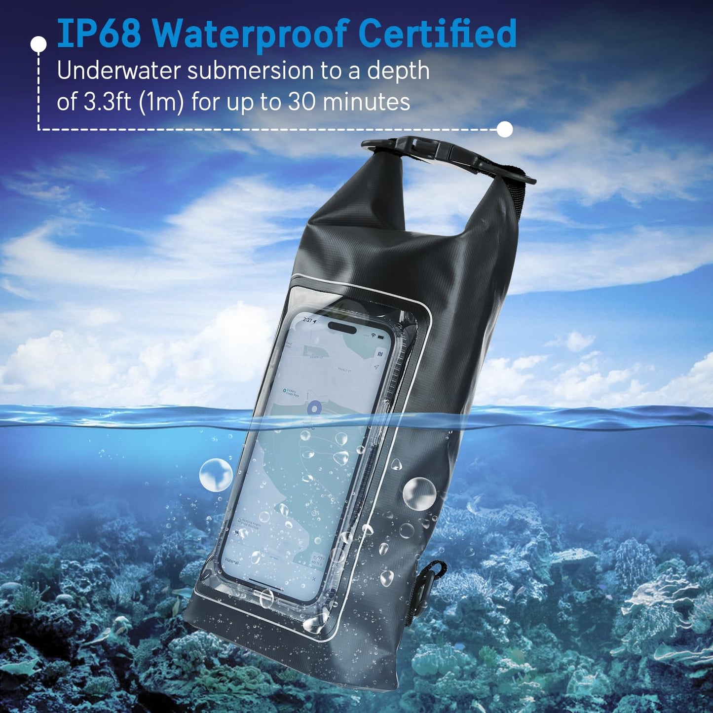 Pelican Marine IP68 Waterproof Dry Bag 2L with Phone Pouch/Case - Black