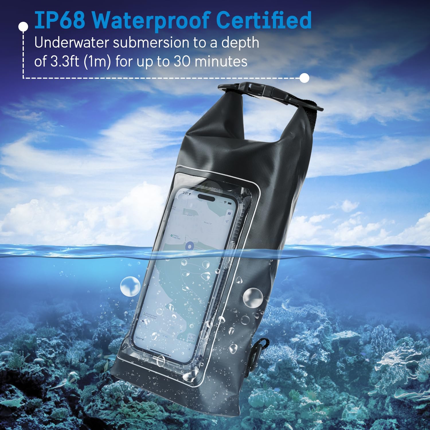 Pelican Marine IP68 Waterproof Dry Bag 2L with Phone Pouch/Case - Black